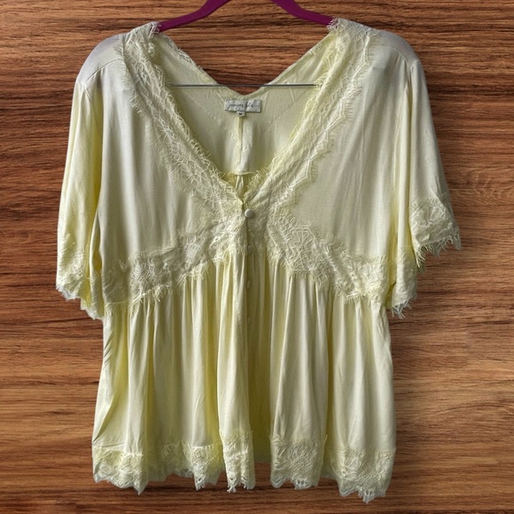 JUNIPER BLUE Pastel Yellow V Neck Top With Lace Detailing Size Medium NW… - Picture 3 of 10